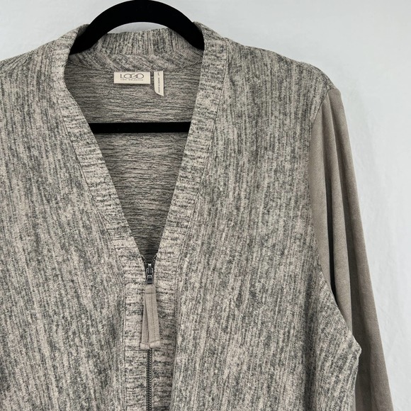 LOGO by Lori Goldstein Knit Sweater Jacket SZ L Drapey Grey Faux Suede Sleeves - Picture 2 of 6